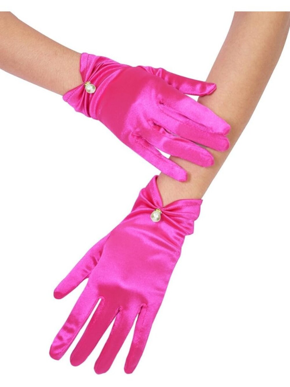Women's Fuschia Pearl Accent Wrist Length Halloween Party Stretchy Lace Gloves